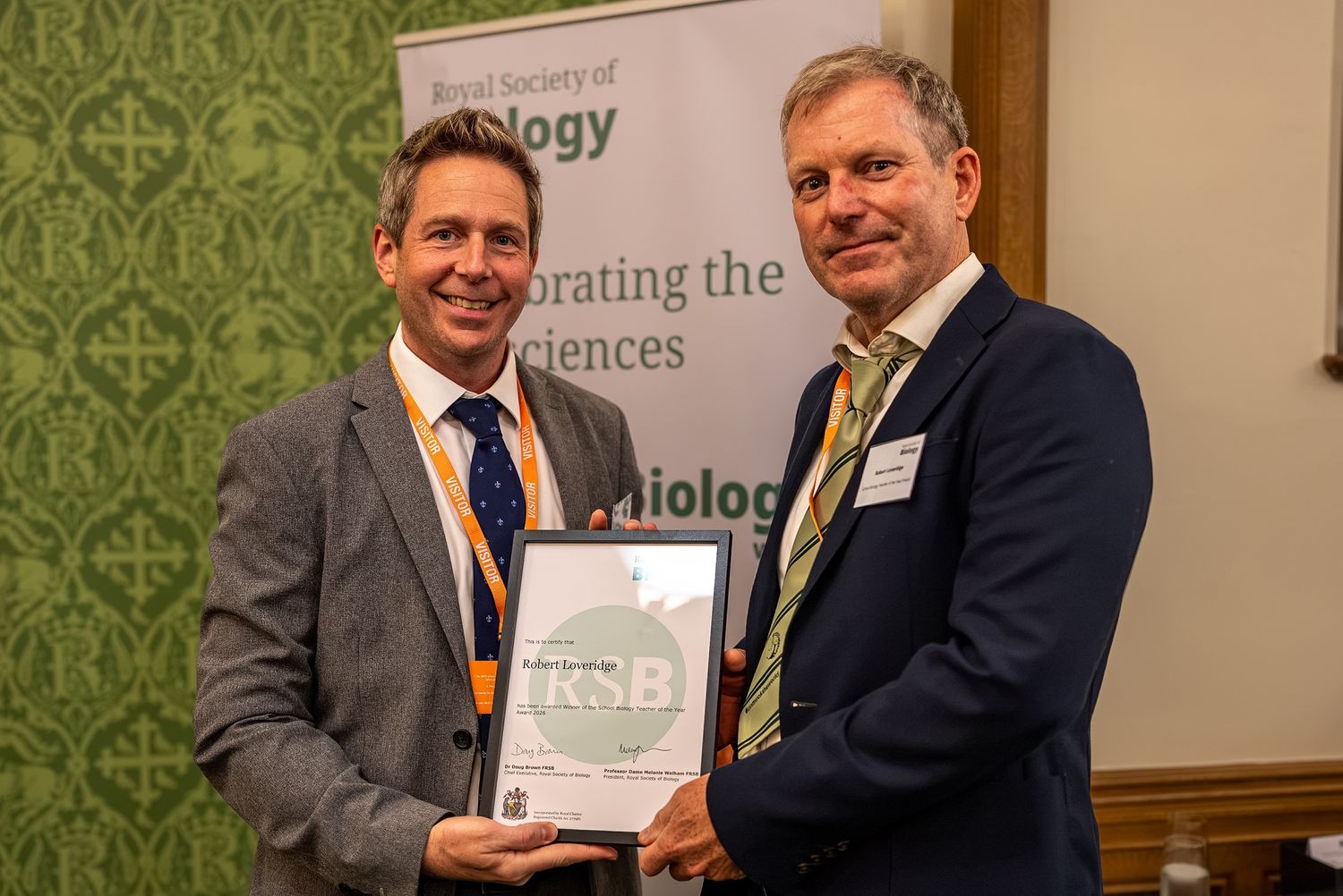 RSB Chief Executive presenting winner of the School Biology Teacher of the Year Robert Loveridge with certificate