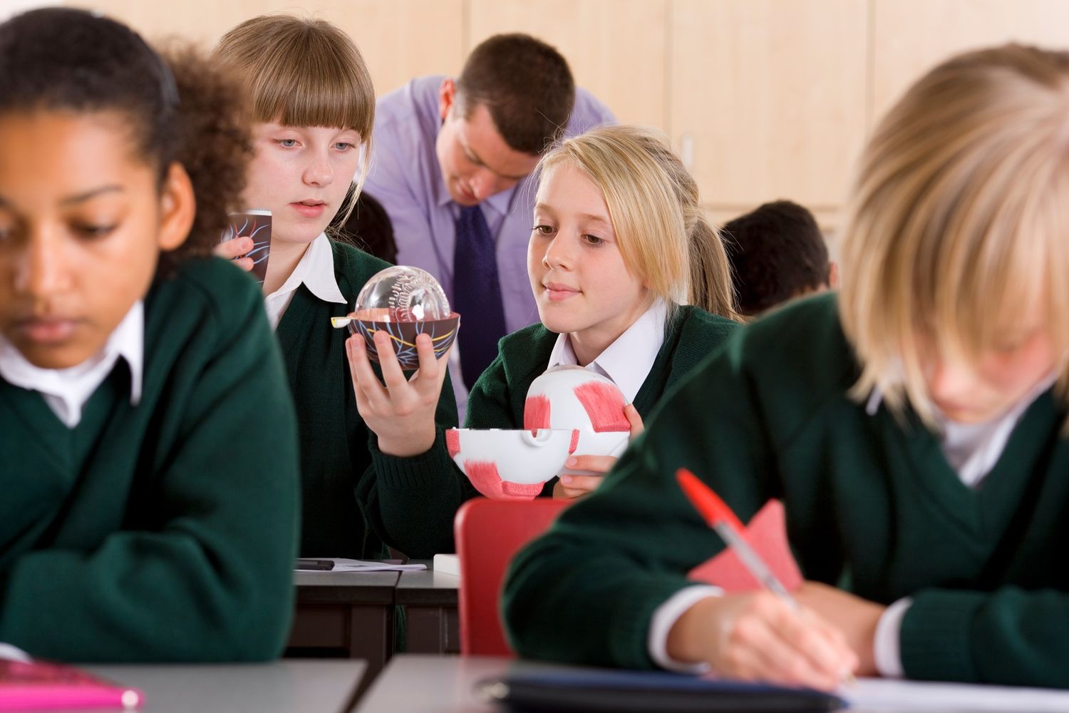 School students in dark green uniforms in biology classroom